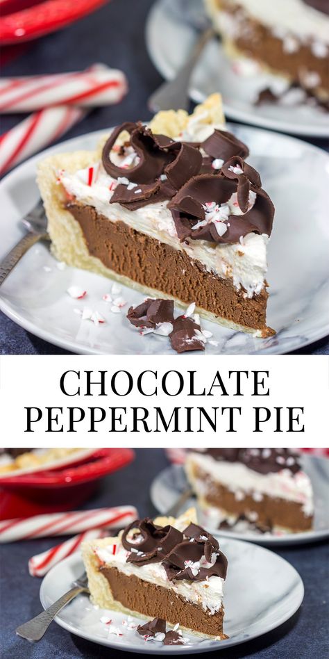 Chocolate Peppermint Pie | Topped with crumbled candy canes! Peppermint Cream Pie Recipe, Chocolate Peppermint Pie, Peppermint Pie, Candy Cane Pie, Cool Whip Pies, Peppermint Whipped Cream, Peppermint Dessert, Impressive Dessert, Favorite Pie Recipes