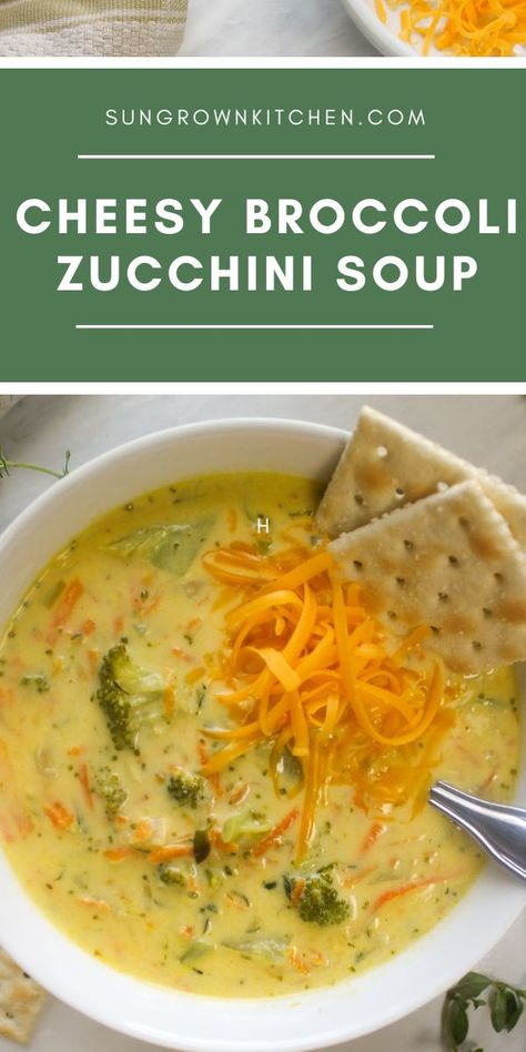 A bowl of Broccoli Zucchini Soup with cheddar cheese and crackers. Shredded Zucchini Soup Recipes, Shredded Zucchini Soup, Zucchini Cheese Soup, Zucchini Crockpot Soup, Cheesy Zucchini Soup, Zucchini Cheddar Soup, Broccoli Zucchini Soup, Zucchini And Broccoli Recipes, Zucchini Recipes Soup