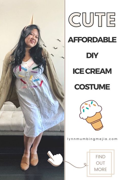 Easy + Cheap DIY Vanilla Ice Cream Cone With Sprinkles Halloween Costume Idea | Lynn Mumbing Mejia Diy Ice Cream Costume, Sprinkles Costume, Ice Cream Cone With Sprinkles, Ice Cream Halloween, Ice Cream Costume, Vanilla Ice Cream Cone, Diy Vanilla, Halloween Ice Cream, Cheap Costumes