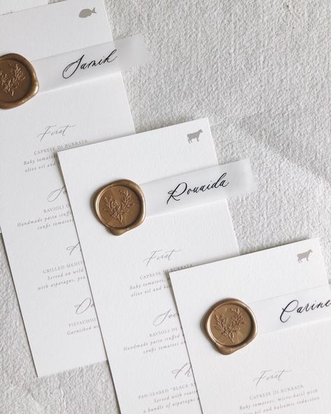 Paula Lee Calligraphy on Instagram: “Pretty little menus on their way to Montreal! Love the vellum place card + our Eucalyptus wax seal combo!” Wedding Table Menus, Event Stationery, Menu Wedding, Graduation Photoshoot, Wedding Menu Cards, Wedding Vibes, Civil Wedding, Wedding Idea, Wedding Bar