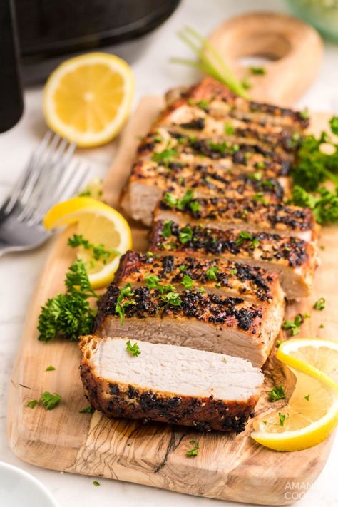 This air fryer pork tenderloin produces a beautiful golden brown crust all while keeping the inside of the meat juicy and tender. Easy Pork Marinade, Pork Fillet Recipes, Air Fryer Pork Tenderloin, Air Fryer Recipes Pork, Fillet Recipes, Pork Tenderloin Sandwich, Air Fryer Pork, Pork Fillet, Air Fryer Dinner Recipes