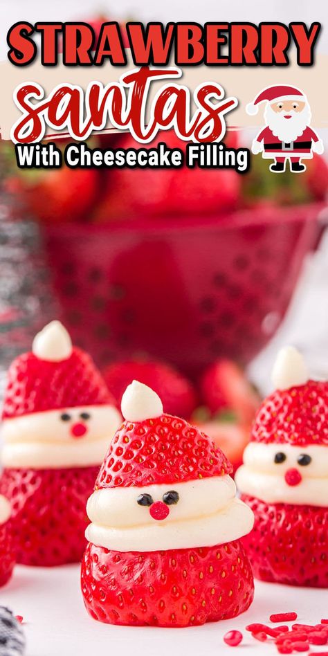 Christmas Desserts With Strawberries, Strawberry Holiday Dessert, Strawberry Santas With Cream Cheese, Strawberry Christmas Treats, Santa Cheesecake Bites, Christmas Desserts Strawberry, Fruit Christmas Desserts, Food To Bring To Christmas Party, Strawberry Christmas Dessert