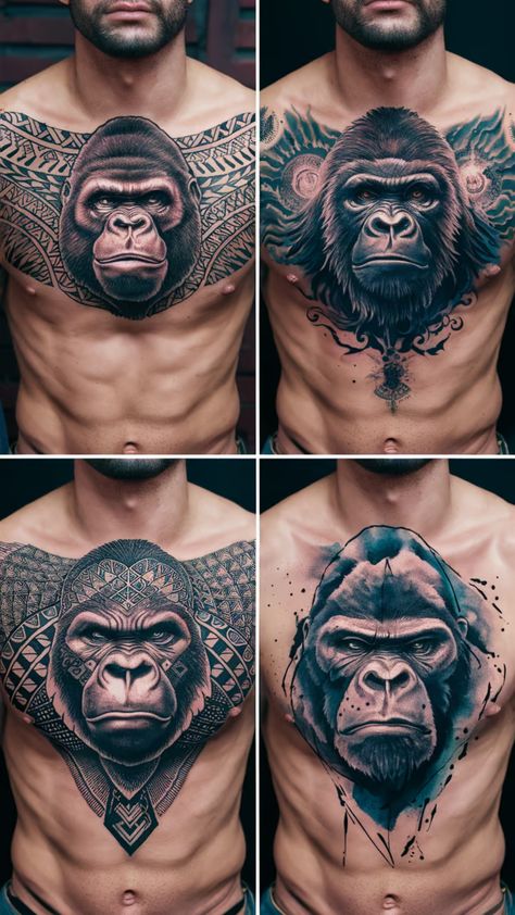 A picture of a top gorilla chest tattoo idea for a unique style. Gorilla Chest Tattoo, Jungle Tattoo, Fierce Tattoo, Chest Tattoo Ideas, Gorilla Tattoo, Upper Back Tattoos, Chest Tattoos, Incredible Creatures, Next Tattoo