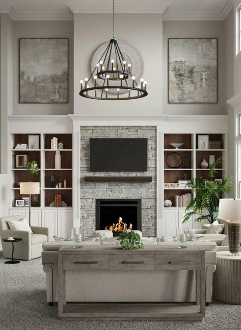 Before and After: Transitional Great Room Ideas - Decorilla Transitional Great Room Ideas, 2 Story Great Room Ideas, Restoration Hardware Living Room Ideas, Two Story Fireplace Wall, Transitional Great Room, Two Story Family Room, Great Room Ideas, Two Story Living Room, Restoration Hardware Living Room