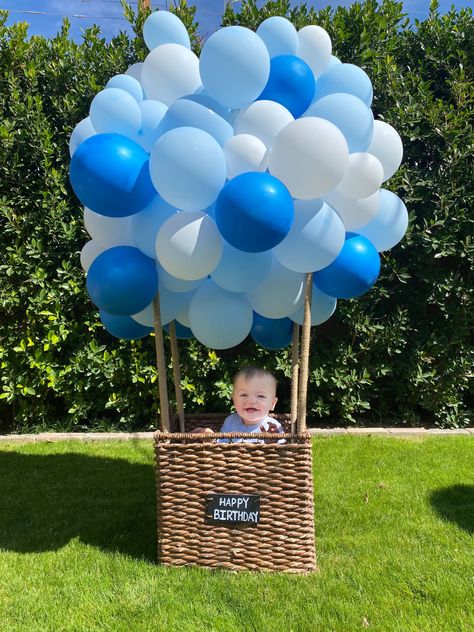 Hot Air Balloon 1st Birthday Photoshoot, Hot Air Ballon Theme First Birthday Boy, Hot Air Balloon First Birthday Boy, Diy First Birthday Photoshoot, Hot Air Balloon First Birthday, Baby Boy Birthday Decoration, Diy Hot Air Balloon, 1st Birthday Decorations Boy, Hot Air Balloon Decor