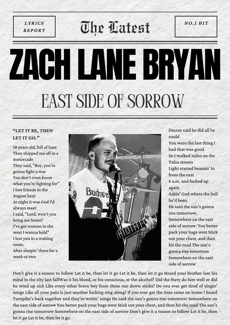 Zach Bryan Newspaper Style Poster with East Side of Sorrow lyrics Zachary Bryan Quotes, Zack Bryan Poster, The Great American Bar Scene Zach Bryan, East Side Of Sorrow Zach Bryan, Zach Bryan Wall Print, Zach Bryan Poster Prints, Zach Bryan Prints, Zach Bryan Room Decor, Zach Bryan Aesthetic