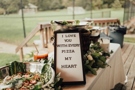 Deck out your pizza-themed event with funny phrase that shows not only your passion for the food, but also your love for your new husband or wife. This couple used marquee letters to spell out "I love you with every pizza my heart." Pizza And Wings Rehearsal Dinner, Food Truck Rehearsal Dinner Ideas, Pizza Bar Rehearsal Dinner, I Love You With Every Pizza My Heart, Pizza Rehearsal Dinner Decorations, Pizza Wedding Sign, Rehearsal Dinner Pizza, Pizza Rehearsal Dinner Ideas, Pizza Bar Wedding