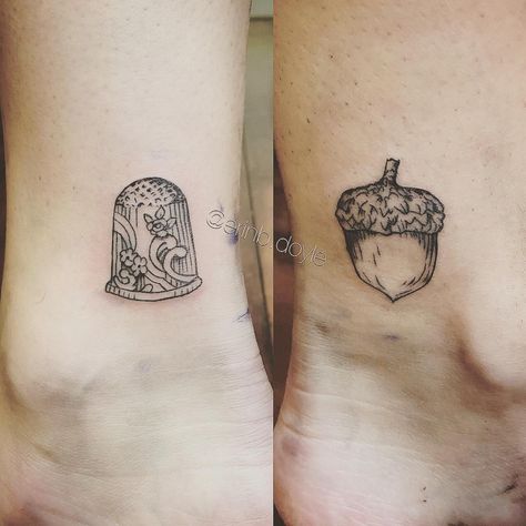 Oak And Acorn Tattoo, Thimble Tattoo Peter Pan, Acorn Tattoo Meaning, Thimble And Acorn Tattoo, Thimble Tattoo, Neverland Tattoo, Acorn Tattoo, Blue Ink Tattoos, Peter Pan Tattoo