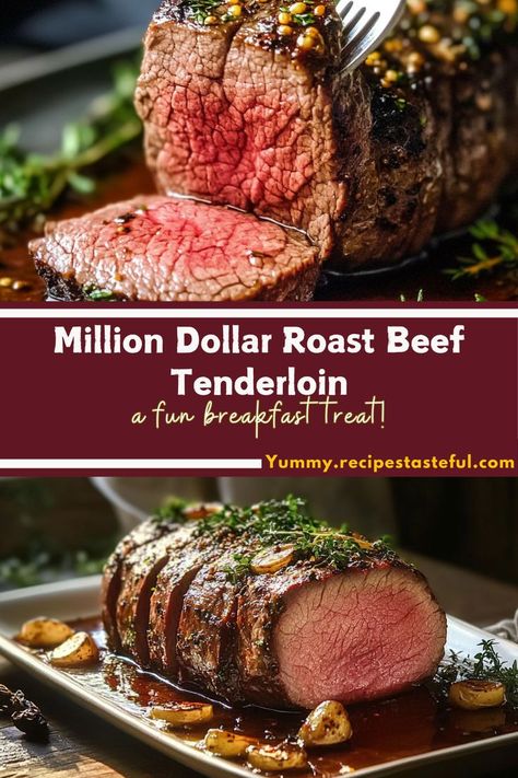 This Million Dollar Roast Beef Tenderloin is the epitome of a luxurious and flavorful dish that is perfect for special occasions or holiday meals. The tenderloin is first seared to create a golden-brown crust, then smothered with a rich and aromatic garlic-herb butter mixture before roasting to perfection. The result is an incredibly juicy, tender roast with a mouthwatering flavor profile. Million Dollar Roast Beef Tenderloin, Million Dollar Roast, Roast Beef Tenderloin, Beef Tenderloin Roast Recipes, Beef Tenderloin Recipe, Beef Tenderloin Recipes, Tenderloin Roast, Tenderloin Recipe, Garlic Herb Butter