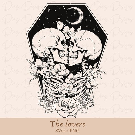 Lovers Tarot Card Drawing, The Lovers Tarot Card Coloring Page, Tarot Card Svg, Gothic Svg, Skull Tarot Cards, Lovers Tarot Card Skeleton, Skeleton Lovers, Lovers Tarot Card, Floral Skeleton