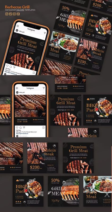 Restaurant Campaign, Grill Restaurant Design, Resturant Menu, Square Template, Restaurant Social Media, Instagram Square, Food Template, Barbecue Restaurant, Grill Restaurant