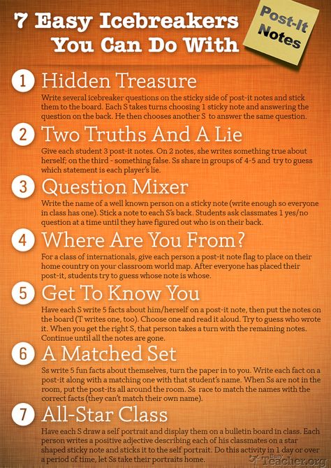 We all love post-it notes, don't we?! Did you know that there are tons of activities you can do with them in your classroom? Well, check out 7 such activities below: we have created this HI- Substitute Teaching, Icebreakers, Ice Breaker, Beginning Of The School Year, Ice Breakers, Beginning Of School, School Counseling, School Counselor, Teaching Tips