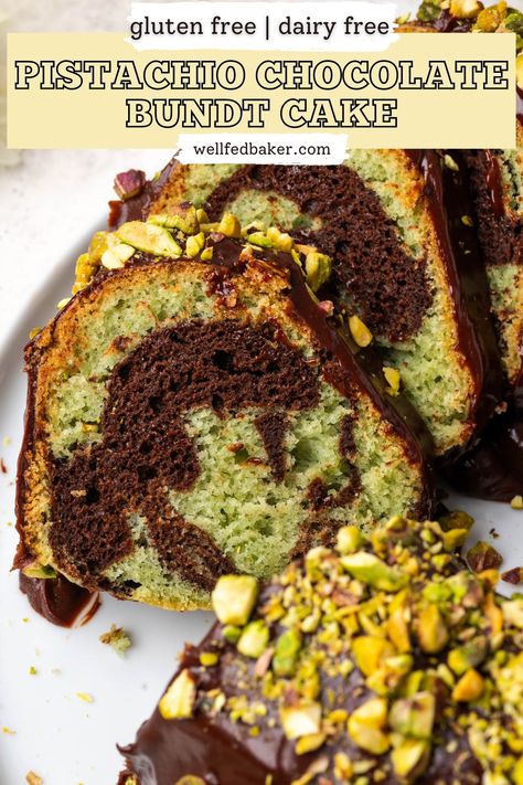 A sliced pistachio chocolate bundt cake showing the green and brown swirl inside. Gf Bundt Cake Recipes, Gluten Free Bundt Cake, Gluten Free Dairy Free Cake, Pistachio Pudding Cake, Doctored Cake Mix Recipes, Gluten Free Cake Mixes, Gluten Free Dairy Free Dessert, Gluten Free Cake Recipe, Pistachio Pudding