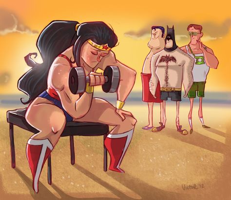 Wonder Woman Pumping Iron on Muscle Beach - News - GeekTyrant Wonder Woman Workout, Boxe Thai, 30 Day Drawing Challenge, Muscle Beach, Pumping Iron, Ju Jitsu, Gym Memes, Gym Humor, Motivation Fitness