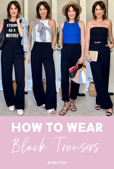 How to style black trousers Black Trousers Outfit Spring, Black Trousers Outfit Summer, How To Style Black Trousers, Styling Black Trousers, Style Black Trousers, Summer 2023 Style, Black Trousers Outfit, Black Trousers Women, Beach Wardrobe