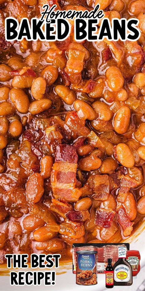 This baked beans recipe gives you an easy way to make flavorful baked beans in the oven, using classic ingredients like bbq sauce and bacon. You can’t go wrong with this hearty, homemade side dish. The sweet and smoky flavor is so good, it’ll taste like they were made completely from scratch! Smoked Baked Beans Recipe, Smoked Baked Beans, Homemade Baked Beans Recipe, Beans Recipe Crockpot, Canned Baked Beans, On The Smoker, Best Baked Beans, Easy Baked Beans, Baked Beans With Bacon