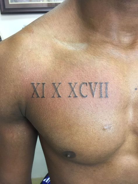 Roman Numerals Chest Tattoo Chest Tattoo Roman Numerals, Luca Tattoo, Chest Tattoo Wings, Tattoo Future, Owl Tattoo Chest, Traditional Chest Tattoo, Tattoos Chest, Black Men Tattoos, Roman Numeral Tattoo