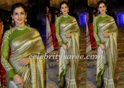 Shilpa Reddy in Neon Green Benaras Saree Green Benaras Saree, Shilpa Reddy Saree, Saree With Full Sleeves, Benaras Sarees, Full Sleeves Blouse, Shilpa Reddy, Banaras Sarees, Indian Designers, Simple Saree Designs