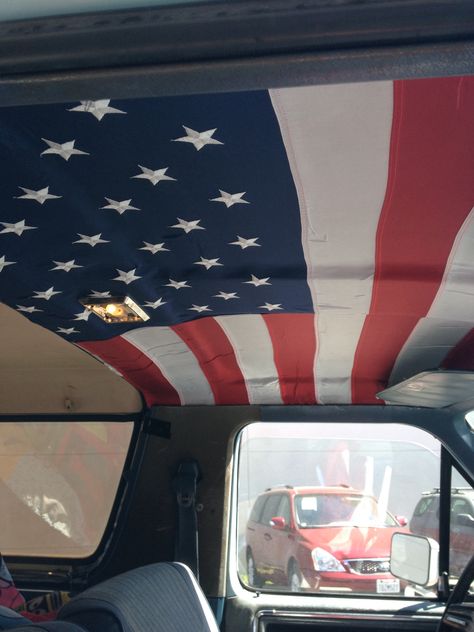 I made a custom headliner for my truck today to show my patriotism. 1 flag 1 can of spray adhesive and a whole shit load of freedom!!!! Flag Headliner, Truck Headliner Ideas, Truck Headliner, Headliner Ideas, Custom Headliner, Pretty Trucks, Western Car, American Pickup Trucks, Cool Truck Accessories