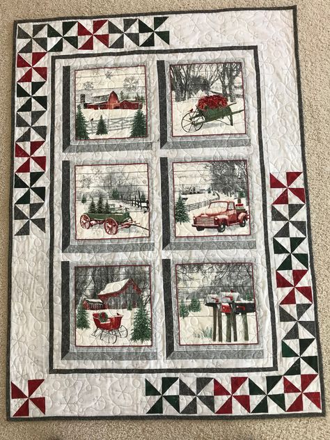 "Vintage Christmas Wall Hanging. Vintage Winter Quilt. The perfect Christmas decoration that will compliment any decor all winter long. Not only is it decorative as a wall hanging but it could be functional as a lap quilt. It would be ideal for a secret Santa, house warming or hostess gift. The vintage winter panels are pieced with dark red, green and gray hues and machine sewn to make this stunning wall hanging/quilt. It has a gray back with snowflakes professionally quilted on it. It can be ge Quilt Made From Panels, 6 Panel Quilts Ideas Layout, Quilt With Panels Ideas, Christmas Wall Hangings Quilted, Quilts With Panels Ideas Layout, Christmas Panel Quilts Ideas Layout, Hanging Quilts On Wall Ideas, Christmas Panel Quilts, Quilts Using Panels