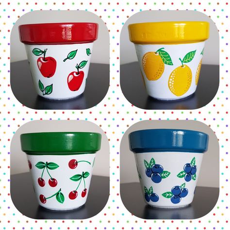 Fruit Painted Pots, Small Pot Designs Painted, Cute Flowerpot Painting, Tiny Painted Pots, Painted Terracotta Pots, Banana Painting, Painted Mother’s Day Flower Pot, Vinyl Art Paint, Fruit Diy