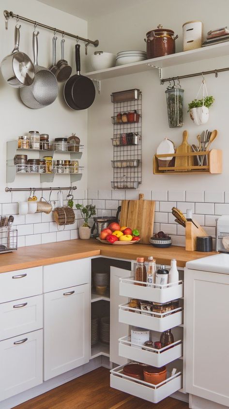 Discover 20 creative small kitchen storage ideas to help you maximize every inch of your space. From innovative shelving solutions to multi-functional furniture, these tips will help you declutter and organize even the tiniest kitchens. Perfect for renters or homeowners looking to enhance kitchen functionality without major renovations, these ideas will help you find storage in unexpected places and make your kitchen feel more open and efficient. Tiny Country Kitchen, Apartment Galley Kitchen Ideas, Small Apartment Galley Kitchen, Apartment Galley Kitchen, Kitchen Organization For Small Spaces, Storage Ideas On A Budget, Galley Kitchen Ideas Narrow, Small Kitchen Storage Ideas, Cabinet Solutions