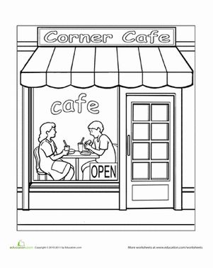 Preschool Places Worksheets: Paint the Town: Cafe Coloring Pages Coffee Shop, Cafe Design Drawing, Cute Cafe Drawing, Cafe Coloring Pages, Shopping Drawing, Cafe Drawing, Zoo Coloring Pages, Community Places, Shop Drawing