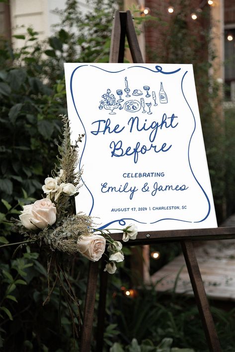 Made just for you to put up at your whimsical wedding rehearsal dinner, this custom the night before sign is the perfect way to welcome wedding party! Perfect for any blue wedding rehearsal dinner, personalize this custom hand drawn rehearsal dinner welcome sign with your names, rehearsal dinner date, and location for a gorgeous addition to your whimsical wedding rehearsal dinner decorations! ♥ SIZES ~ 12x18 inches ~ 18x24 inches ~ 24x36 inches ♥ SIGN MATERIALS ~ Foam board Foam board signs are Rehearsal Dinner Ideas Backyard, Halloween Rehearsal Dinner Ideas, Canvas Welcome Sign Wedding, The Night Before Napkins, Blue Rehearsal Dinner Decor, Welcome Sign Rehearsal Dinner, Night Before Wedding Sign, Cloth Wedding Signs, The Night Before Wedding Sign