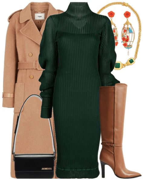 working woman - fall edition Outfit | ShopLook Brown And Olive Green Outfit, Green Dress Outfit Fall, Green Sweater Dress Outfit, Olive Green Outfit, Green Dress Outfit, Fendi Boots, Green Sweater Dress, Gold Chic, Sweater Dress Outfit