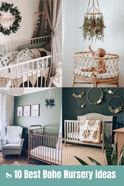 When we think about Boho we know it has to be natural. Natural colours and natural materials. If you ask any interior designer what would be the best materials to use in the styling Boho nursery you will have the answer: rattan, jute, wood, and seagrass. All these components perfectly fit into a modern Boho style.  nursery by @megolanski, @_chocosecret_    @allison_trammell  #baby #bohonursery #cozynursery Emerald Green Boho Nursery, Boho Twin Nursery, Magnolia Themed Nursery, Sage Green Boho Nursery, Earthy Nursery, Boho Nursery Ideas, Magnolia Jane, Greenery Nursery, Nature Inspired Nursery