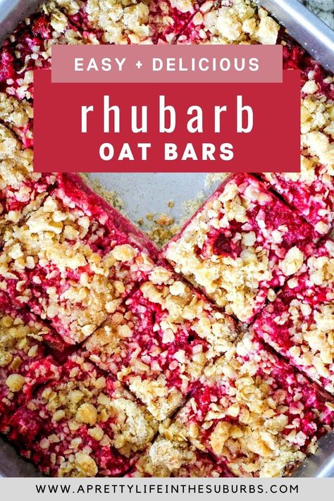 These Rhubarb Oat Bars are a delicious way to use up fresh rhubarb! With a flavourful oat crust and sweet tangy rhubarb filling, these taste like a rhubarb crumble, but in a bar. Rhubarb Bars Recipes, Rhubarb Squares, Rhubarb Filling, Healthy Rhubarb Recipes, Easy Rhubarb Recipes, Rhubarb Desserts Recipes, Rhubarb Oatmeal, Oat Crust, Best Rhubarb Recipes