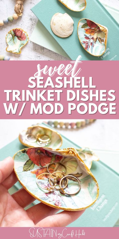 Learn how to create beautiful seashell trinket dishes crafted with mod podge. Perfect for adding a touch of cozy seaside charm to your home! #sustainmycrafthabit #seashelltrinketdishes #seashelldecor High School Crafts, Craft Night Projects, Homemade Gifts For Friends, Fall Crafts For Adults, Decorative Paper Napkins, Sea Shells Diy, Mod Podge Crafts, Decoupage Ideas, Diy Xmas Gifts