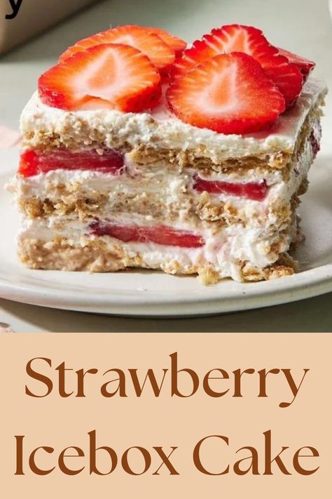 Strawberry Icebox Cake is a refreshing no-bake dessert made with layers of creamy whipped topping, sweetened strawberries, and graham crackers. Chilled to perfection, it combines light, fruity flavors with a smooth, creamy texture, making it a perfect summer treat or light indulgence. Strawberry Graham Cracker Dessert, Strawberry Ice Box Cake, Costco Chocolate Cake, Graham Cake, Graham Cracker Dessert, Cracker Dessert, Strawberry Icebox Cake, Icebox Cake Recipes, Vanilla Wafer