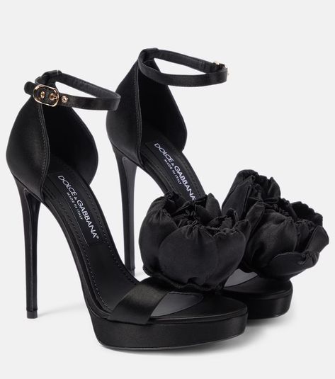 Keira Floral Applique Satin Sandals in Black - Dolce Gabbana | Mytheresa Mytheresa Shoes, High Gladiator Sandals, Shopping Luxury, Leopard Print Sandals, Satin Sandals, Espadrilles Style, Fun Heels, Leather Gladiator Sandals, Silver Sandals