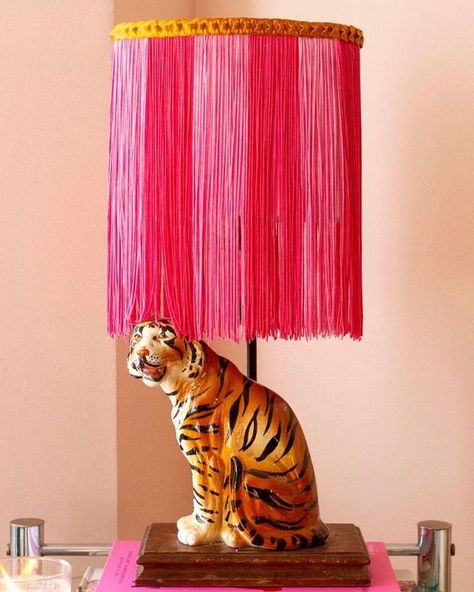 Ashley Poskin | I gave my vintage tiger lamp a fresh new DIY lampshade using @ritdye and fringe! Can’t wait to share more with you all about the process!... | Instagram Fringe Lampshade, Estilo Kitsch, Funky Lamps, Diy Lampshade, Lampshade Makeover, Vintage Tiger, Painting Lamp Shades, Lampshade Designs, I Love Lamp