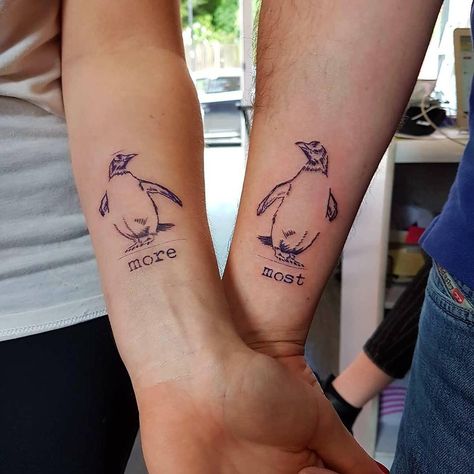 Matching Penguin Tattoos Couples, Matching Penguin Tattoo, Penguin Tattoo Couple, His And Hers Tattoos, Penguin Tattoos, Married Couple Tattoos, Unique Infinity Tattoo, Him And Her Tattoos, Infinity Couple Tattoos