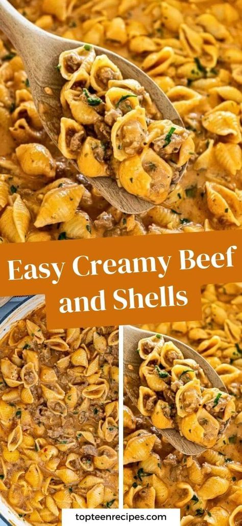 Easy Creamy Beef and Shells - Top Recipes Creamy Beef And Shells Crockpot, Creamy Beef And Shells Recipe, Creamy Beef And Shells, Beef And Shells, Cucumber Onion Salad, Strawberry Pretzel Salad Recipe, Italian Bread Recipes, Stuffed Shells Recipe, Cheesy Pasta