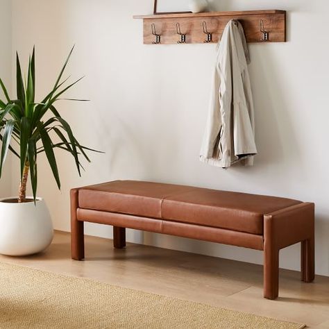 Leather Bench Entryway Decor, Leather Entryway Bench, Small Bench Entryway Ideas, Entrance Bench Ideas Entryway, Bench In Entryway, Small Entry Bench, Low Credenza, Storage Bench Entryway, Sf House