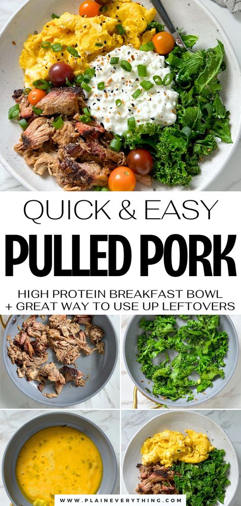 Quick Meal Idea Using Leftover Puller Pork High Protein Pulled Pork, Pulled Pork Bowl, Pulled Pork Breakfast, Recipes With Minimal Ingredients, Leftover Pulled Pork Recipes, Easy High Protein Breakfast, Wilted Kale, Cottage Cheese Bowl, Leftover Meals