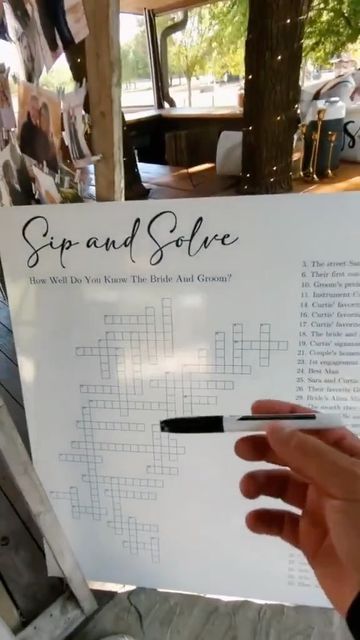 Unique Wedding Extras, Wedding Guest Entertainment Ideas, Sip And Solve Wedding Crossword, Wedding Activity Ideas, Wedding Guest Games, Wedding Activities For Guests, Unique Seating Chart Wedding, Wedding Guest Activities, Wedding Crossword Puzzle