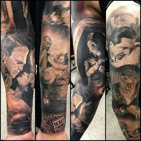 Universal monster sleeve Classic Horror Tattoo, Gray Ink Tattoo, Tacky Tattoos, Universal Monsters Tattoo, Monsters Tattoo, Monster Tattoos, Grey Ink Tattoo, Cherub Tattoo Designs, Universal Monsters Art