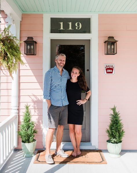 Hunting Down The Real History Of The Pink House (There's A Twist!) | Young House Love Pink House Colors Exterior, Pink House Exterior, Bohemian Loft, Pink Beach House, Topiary Ideas, Cape Charles Va, Home Town Hgtv, Exterior Home Renovation, The Pink House