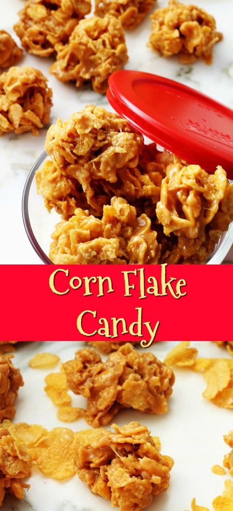 Corn flake candy is an old fashioned recipe that has been around for years. It is a fun little treat with no baking required! The fact that it only has 4 ingredients makes it even better. Sometimes this treat is called Corn Flake Cookies instead of Corn Flake Candy. Whatever you call them, everyone will love these chewy, sweet, and salty treats that are ready in no time at all! You are going to want to add this Corn Flake Candy Recipe to your candy and cookie recipe collections. Corn Flake Chewy Bars, Frosted Flake Recipes, Colored Coconut Flakes, Treats Made With Cereal, Cookies Made With Corn Flakes, Corn Flake Brittle, Cornflake Chews, Cereal Candy Recipes, Recipes Using Corn Flakes