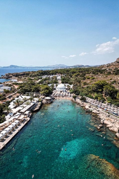 An aerial photo of Kallithea Springs on a sunny clear day. Kallithea Springs, Rhodes Beaches, Greece Trip, Rhodes Greece, France Travel Guide, Greece Islands, Spring Trip, Save For Later, Ancient Ruins