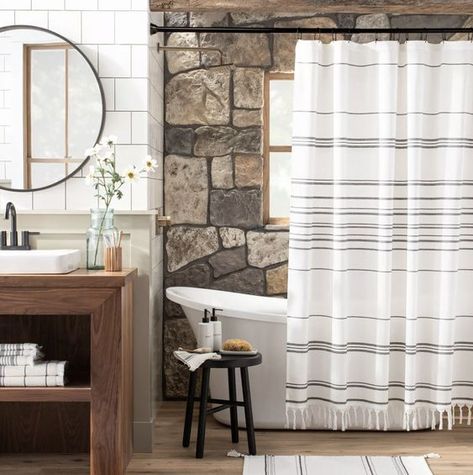 European Farmhouse Kitchen, Tranquil Bathroom, Farmhouse Shower Curtain, Zen Zone, Farmhouse Shower, Shower Designs, Modern Shower Curtains, Bathroom Design Trends, Striped Shower Curtains