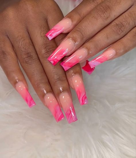 Coloured Ombré Nails, Pink Ombré Coffin Nails, Bright Pink And White Ombre Nails, Hot Pink Ombre Nails Coffin, Barbie Pink French Tip Nails Square, Ombre Hot Pink Acrylic Nails, Evil Eye Nails, Aqua Nails, White Acrylic Nails