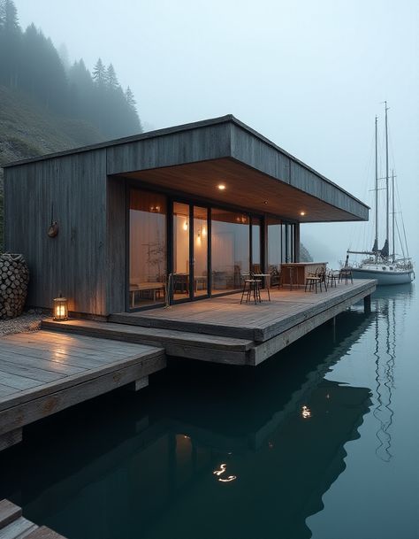 The architecture interior of houses on water focuses on creating open, airy spaces that connect residents with their natural surroundings. Large windows and minimalist decor enhance the feeling of being one with the water, providing a serene atmosphere for relaxation. 🛋️✨ #ArchitectureInterior #WaterfrontLiving #CozySpaces Houses On Water, House Near Water, House On Water, House By The Water, House With Land, House On The Water, Water Architecture, Water House, Large Windows