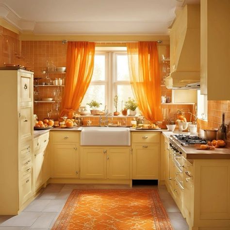 Pastel Orange Kitchen, Yellow Kitchen Aesthetic, Orange Yellow Kitchen, Fun Kitchen Ideas, Funky Kitchen Ideas, Creative Kitchen Backsplash, Kitschy Kitchen Decor, Maximalist Kitchen, Funky Kitchen