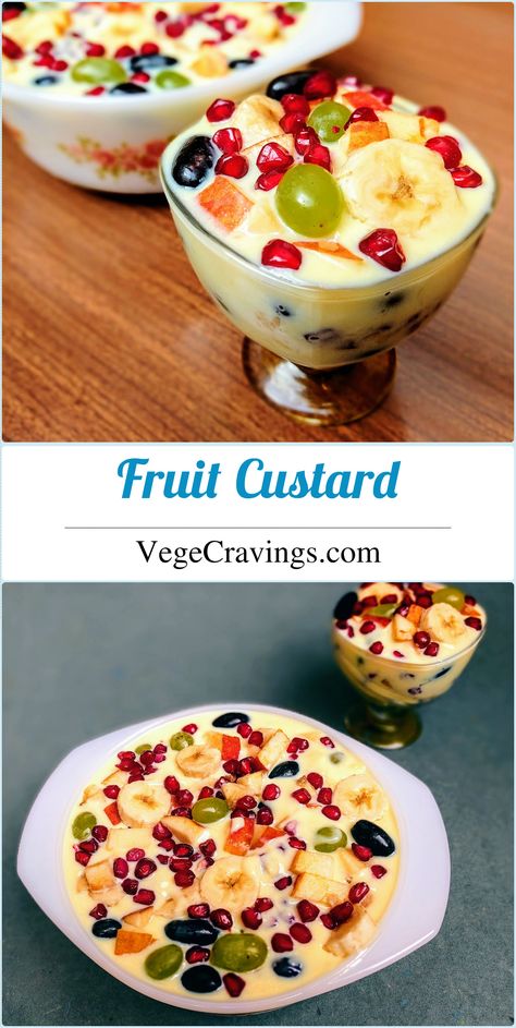 Mixed fruit salad with custard sauce. Custard Fruit Salad, Indian Fruit Salad Recipe, Mixed Fruit Salad, Fruit Custard Recipe, Fruit Salad Ingredients, Falooda Recipe, Fruit Custard, Fruit Pudding, Baking Recipes For Kids