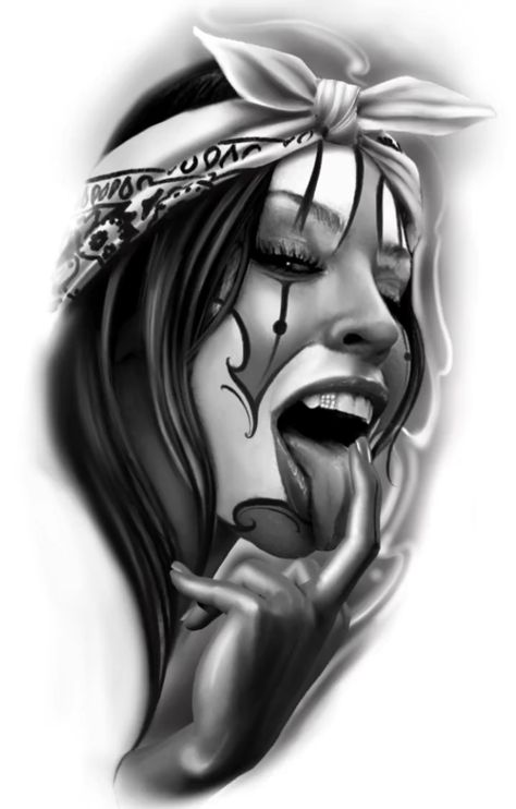 Female Faces Tattoo, Chicana Art Drawing, Chicano Girl Tattoo, Get Rich Or Die Trying Tattoo, Chicana Tattoo Design, Chicano Woman, Chicano Tattoo Design, Chicano Clown Drawing, Bandana Tattoo